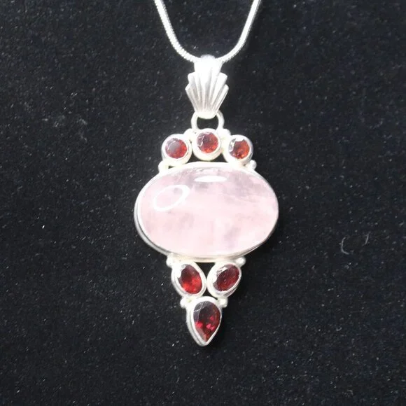 Sterling Silver Rose Quartz Gemstone and Red Glass Stone Necklace - Picture 13 of 13